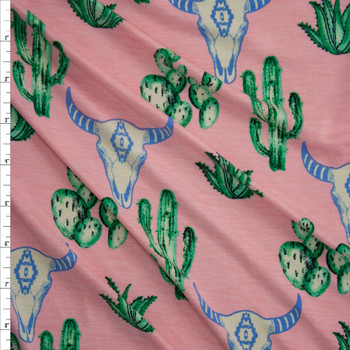 Cactus and Bull Skulls on Pink Lightweight Stretch Poly/Spandex Knit Fabric By The Yard