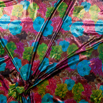 Holographic Multi Colored Flowers on Black Nylon/Spandex Fabric By The Yard - Wide shot