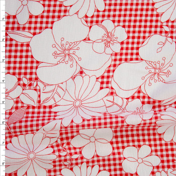 White Sketch Flowers on Red Gingham Rayon Gauze Fabric By The Yard