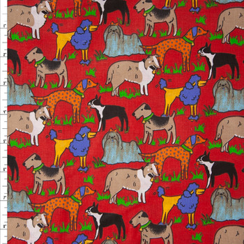 Artsy Dogs on Red Quilter’s Cotton Fabric By The Yard