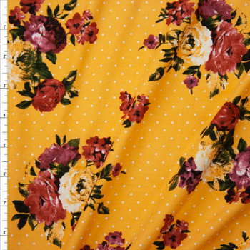 Rust and Magenta Floral on White on Yellow Polka Dot Double Brushed Poly/Spandex Fabric By The Yard