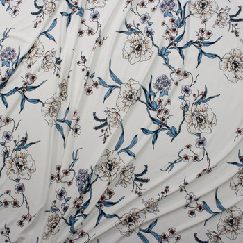 Teal, Pink, and Ivory Floral on Warm White Double Brushed Poly Spandex Knit Fabric By The Yard - Wide shot