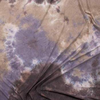 Dusty Lilac, Tan, and Brown Tie Dye Rayon French Terry Fabric By The Yard - Wide shot
