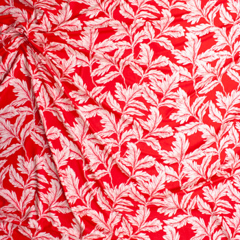 White Leafy Branches on Bright Red Double Brushed Poly/Spandex Knit Fabric By The Yard - Wide shot