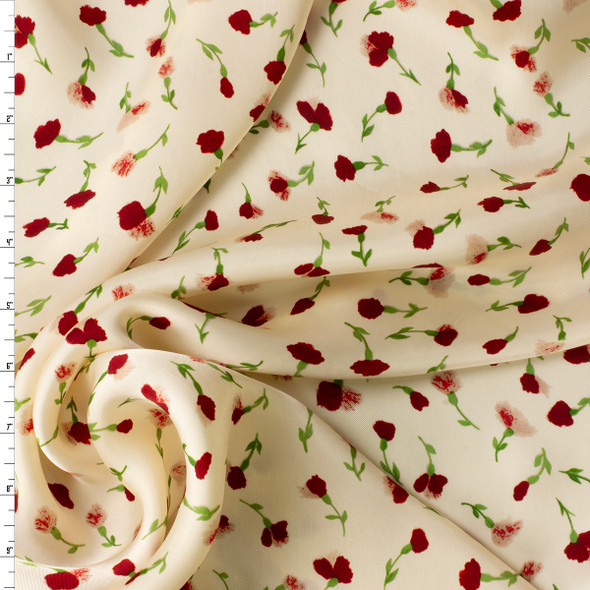 Deep Red and Green Tossed Floral on Ivory Cupro Bemberg Lining #30844 Fabric By The Yard