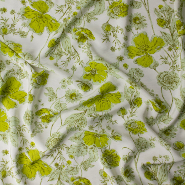Lime Floral on Offwhite Viscose/Nylon Lawn #31781 Fabric By The Yard - Wide shot