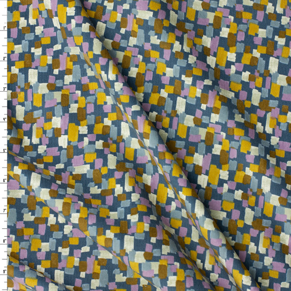 Mustard, Blue, and Lavender Brushstroke Squares Japanese Micro Wale Corduroy from Hokkoh #31962 Fabric By The Yard