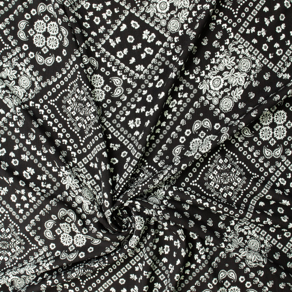 Diagonal Bandana Floral on Black Rayon Gauze #31965 Fabric By The Yard - Wide shot