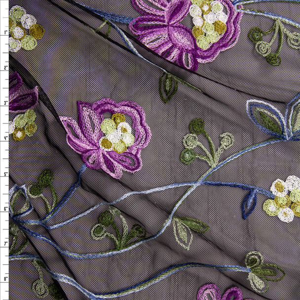 Purple, Green, and Blue Embroidered Floral on Black Mesh Fabric By The Yard