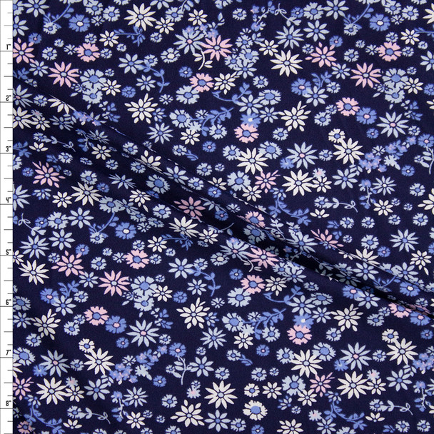 Pink, Light Blue, and White Mini Floral on Navy Blue Double Brushed Poly/Spandex Fabric By The Yard