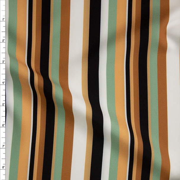 Tan, Sage, Black, and Offwhite Stripe Midweight Rayon Suiting Fabric By The Yard