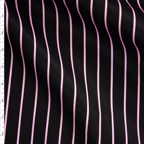 Pink on Black Vertical Pencil Stripe Cotton Twill Fabric By The Yard