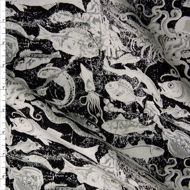 Grunge White Fish and Sea Creatures on Black Designer Cotton Twill Fabric By The Yard