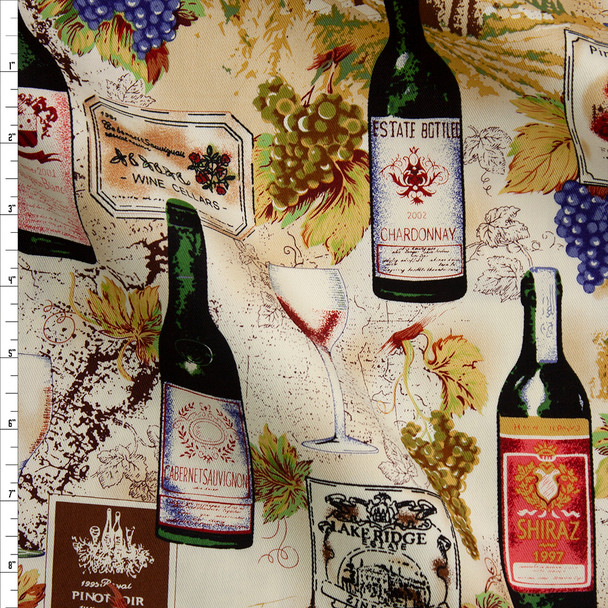 Wine Bottles, Grapes, and Vineyards Designer Cotton Twill Fabric By The Yard