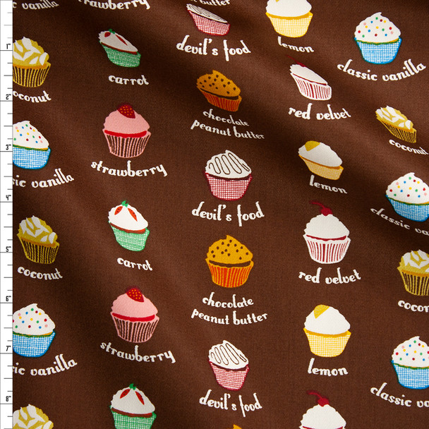 Cupcakes on Brown Designer Cotton Twill Fabric By The Yard