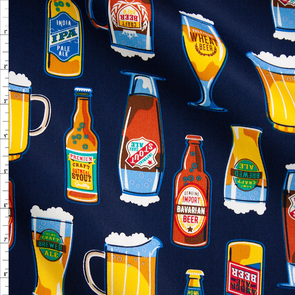 Craft Beer on Blue Designer Cotton Twill Fabric By The Yard