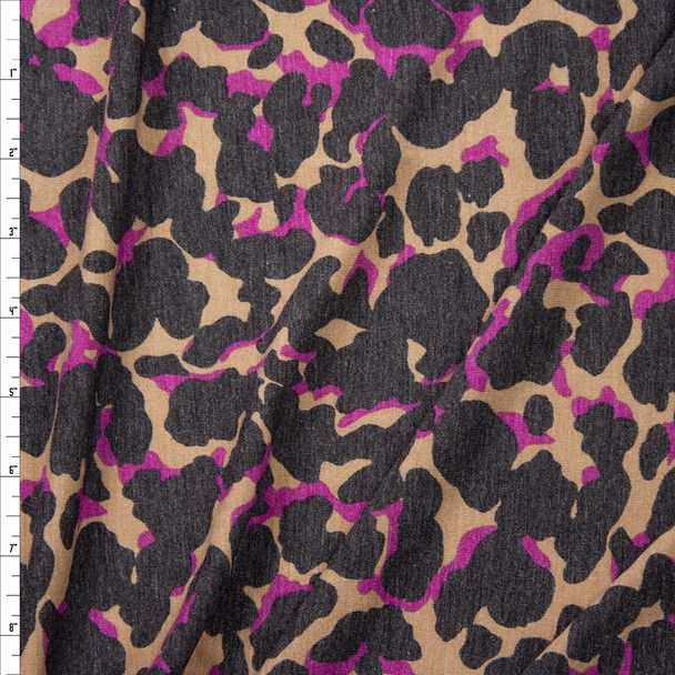 Charcoal, Tan, and Fuchsia Abstract Leopard Print Stretch Rayon Spandex Jersey Fabric By The Yard