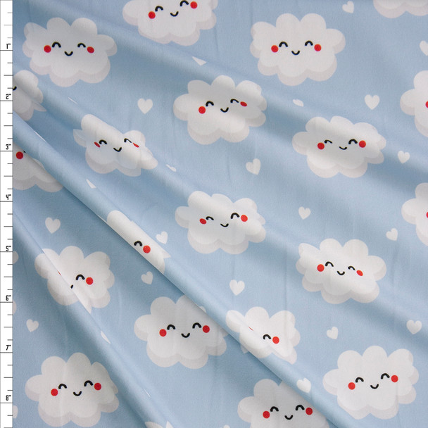 Happy Clouds on Light Blue Double Brushed Poly Spandex Knit Fabric By The Yard