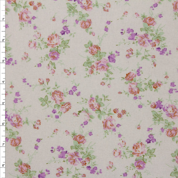 Pink and Lavender Floral on Ivory Double Nap Cotton Flannel Fabric By The Yard