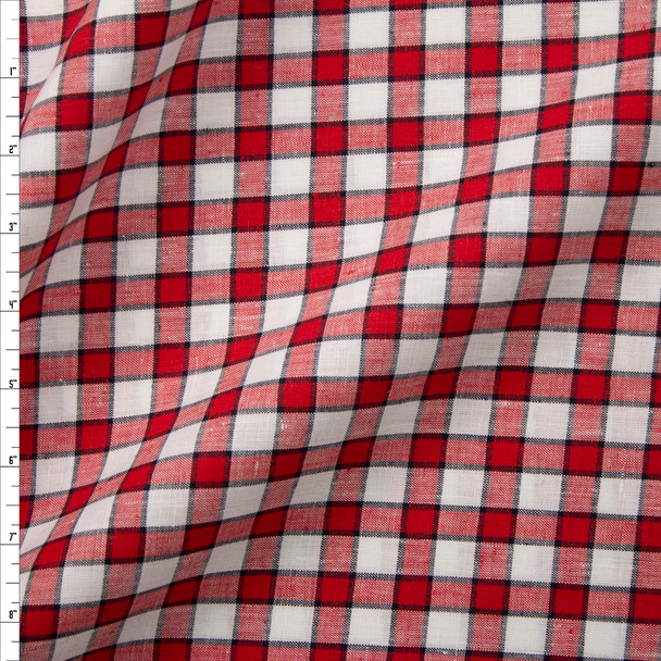 Red, White, and Navy Blue Plaid Designer Linen Fabric By The Yard