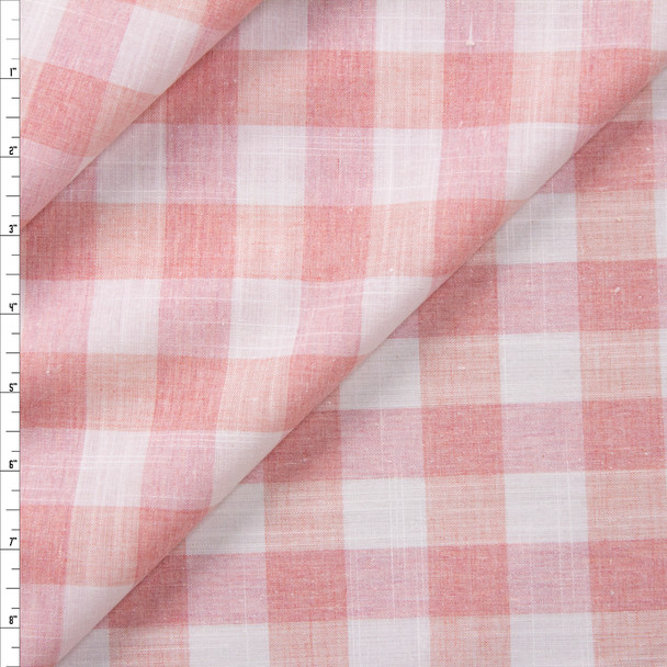 Dusty Pink and White Gingham Polyester Linen Look Fabric By The Yard
