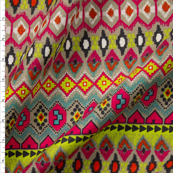 Neon Green, Aqua, Hot Pink, and Tan Tribal Pattern Midweight Cotton/Linen Blend Fabric By The Yard