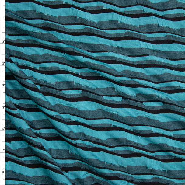 Teal, Black, and Grey Crooked Stripe Textured Stretch Jersey Fabric By The Yard