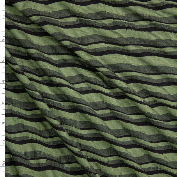 Dark Green, Black, and Grey Crooked Stripe Textured Stretch Jersey Fabric By The Yard