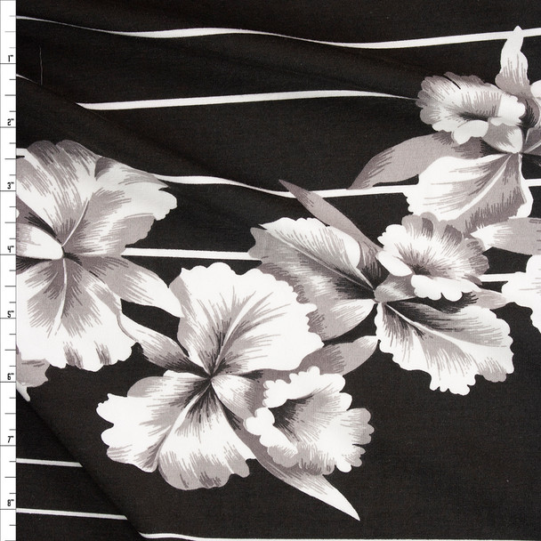 Hawaiian Floral on Black and White Stripe Stretch Cotton Jersey Fabric By The Yard