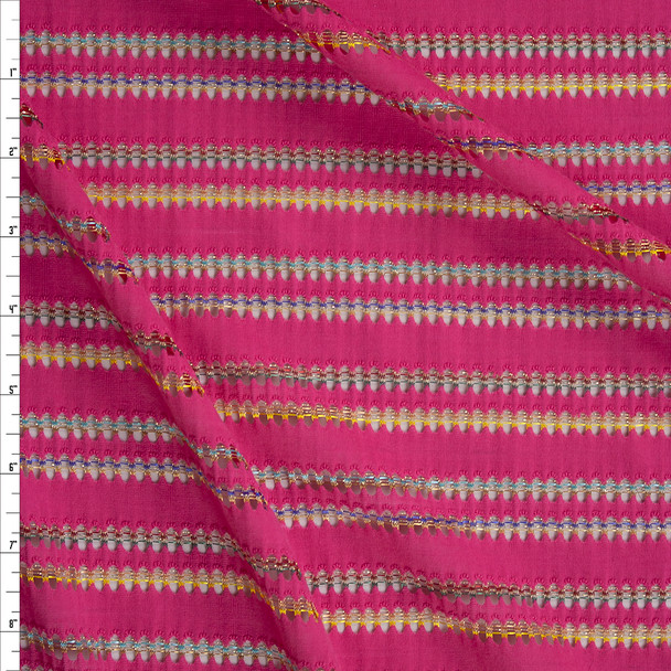 Metallic Gold, Hot Pink, Yellow, and Blue Stripe Perforated Knit Fabric By The Yard