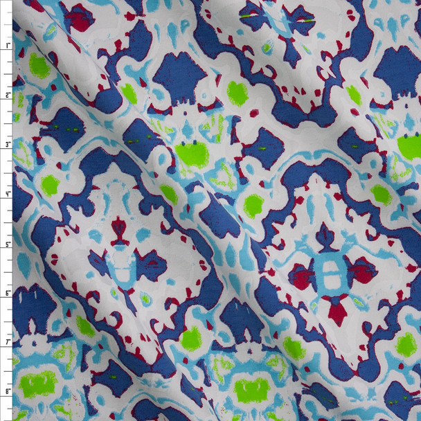 Violet, Lime, Red, and Aqua on White Kaleidoscope Stretch Cotton Jersey Fabric By The Yard