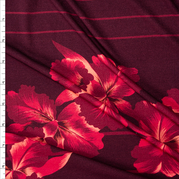 Hawaiian Floral on Burgundy and Red Horizontal Stripe Stretch Cotton Jersey Fabric By The Yard