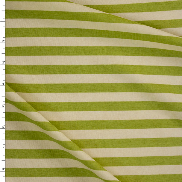 Lime and Ivory Horizontal Stripe Stretch Cotton Micro Rib Fabric By The Yard