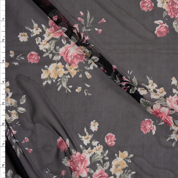 Pink, Sage, and Yellow Rose Floral on Black Power Mesh Fabric By The Yard
