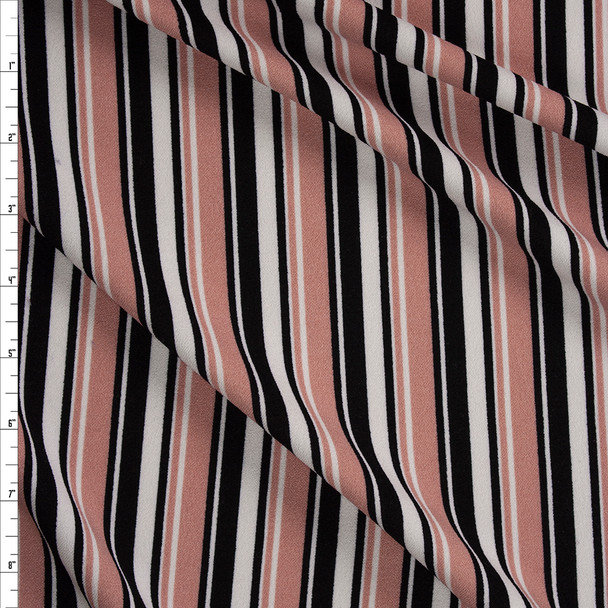 Dusty Pink, Black, and White Vertical Stripe Crepe Knit Fabric By The Yard