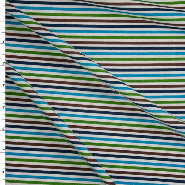 Lime, Turquoise, Navy, and Brown on White Narrow Horizontal Stripes Fabric By The Yard