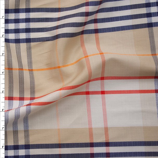 Tan, Red, Navy, and White Plaid Lightweight Cotton Sateen Fabric By The Yard