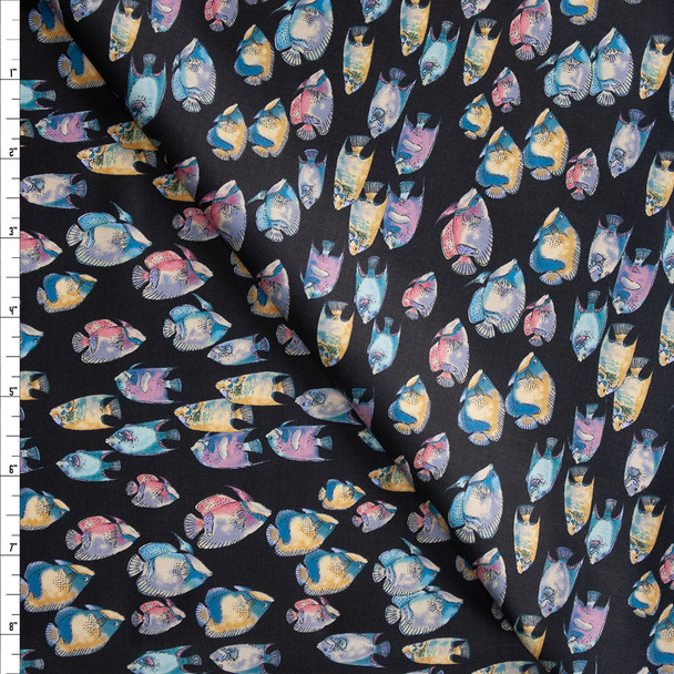 Colorful Fish School on Black Designer Cotton Shirting from ‘Tori Richards’ Fabric By The Yard