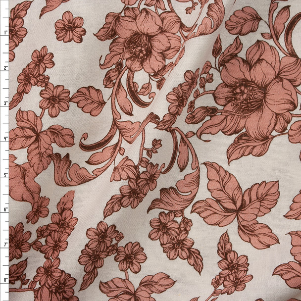 Antique Dusty Pink and Brown Floral on Natural Midweight Designer Linen Fabric By The Yard