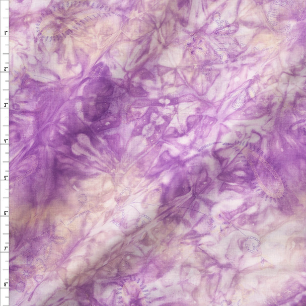 Lavender, White, and Ivory Tie Dye Cotton Lawn Fabric By The Yard