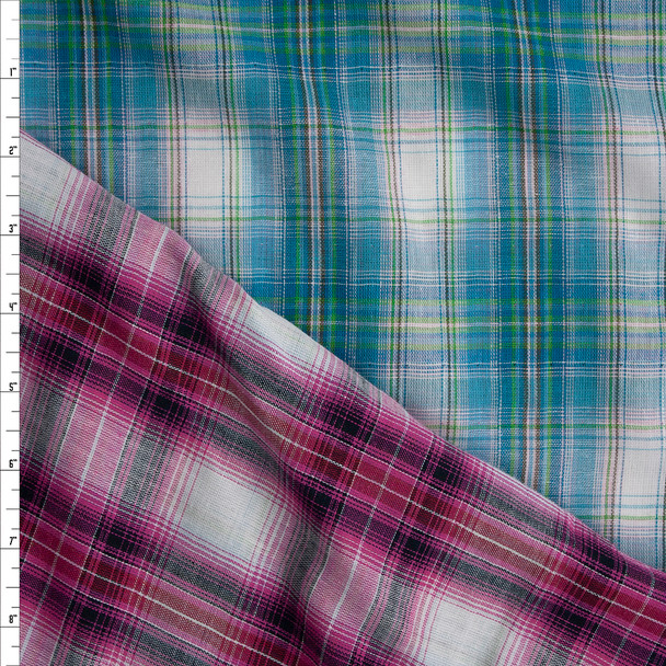 Turquoise, White, and Hot Pink Reversible Plaid Cottonn Double Gauze Fabric By The Yard
