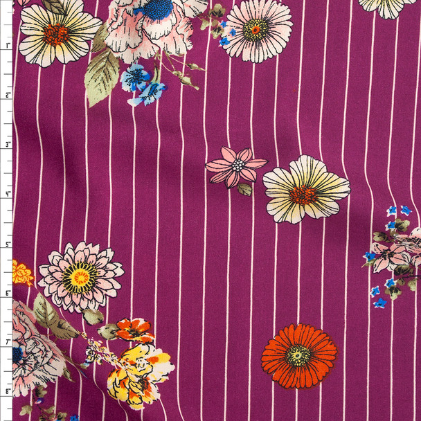 Sketchbook Floral on White on Purple Vertical Pinstripe Rayon Challis Fabric By The Yard