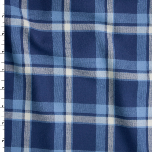Navy, White, and Light Blue Plaid Cotton Flannel Fabric By The Yard