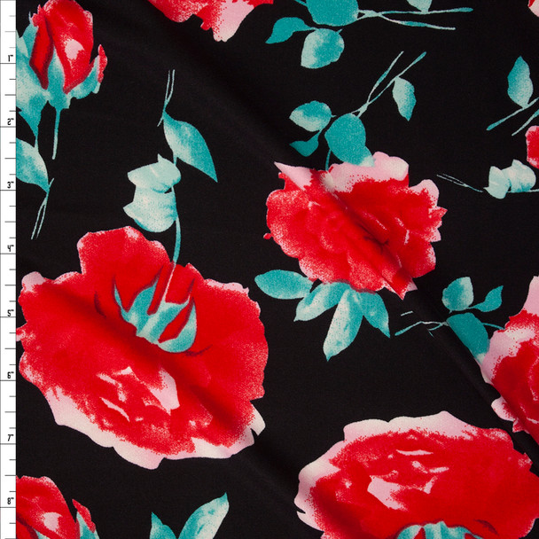 Red Airbrush Roses on Black Double Brushed Poly/Spandex Fabric By The Yard