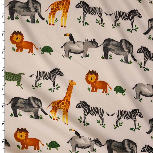 Zoo Animals on Warm White Double Brushed Poly/Spandex Fabric By The Yard