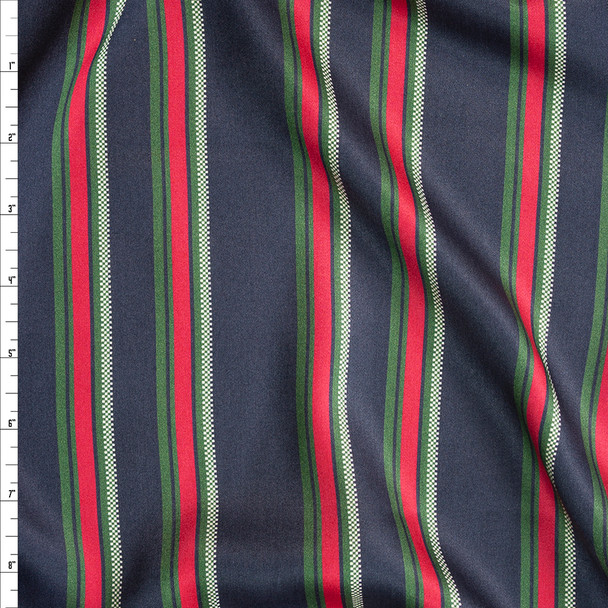 Red, Green, and Ivory Stripe on Navy Rayon Sateen Fabric By The Yard