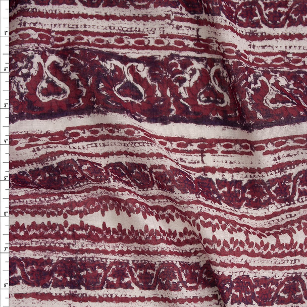 Wine Bohemian Stripe Open Weave Cotton Voile Fabric By The Yard