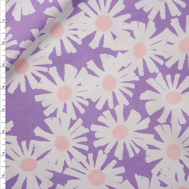 White and Pink Daisies on Lavender Cotton Poplin Fabric By The Yard