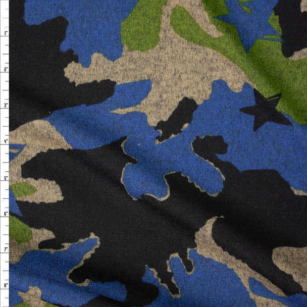 Green, Tan, Black, and Blue Stars and Camouflage Designer Hacci Knit Fabric By The Yard