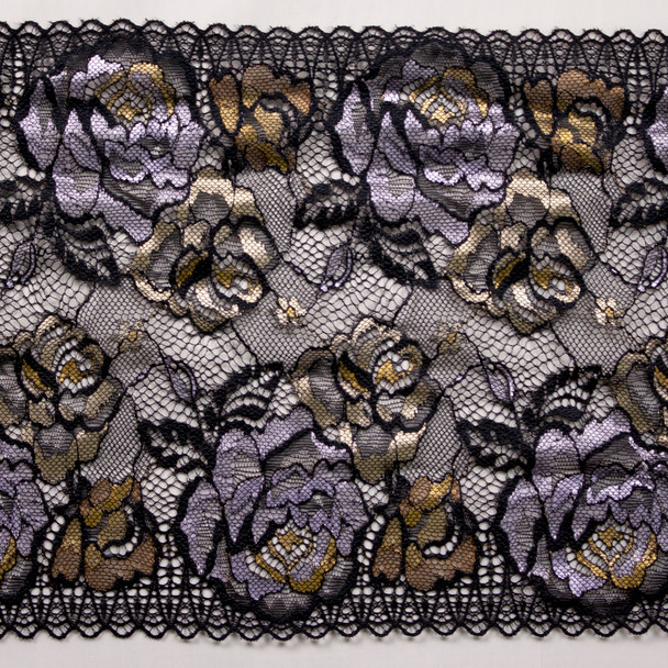 8" Black, Silver, and Gold Designer Stretch Lace Trim from ‘Hanky Panky’ Fabric By The Yard